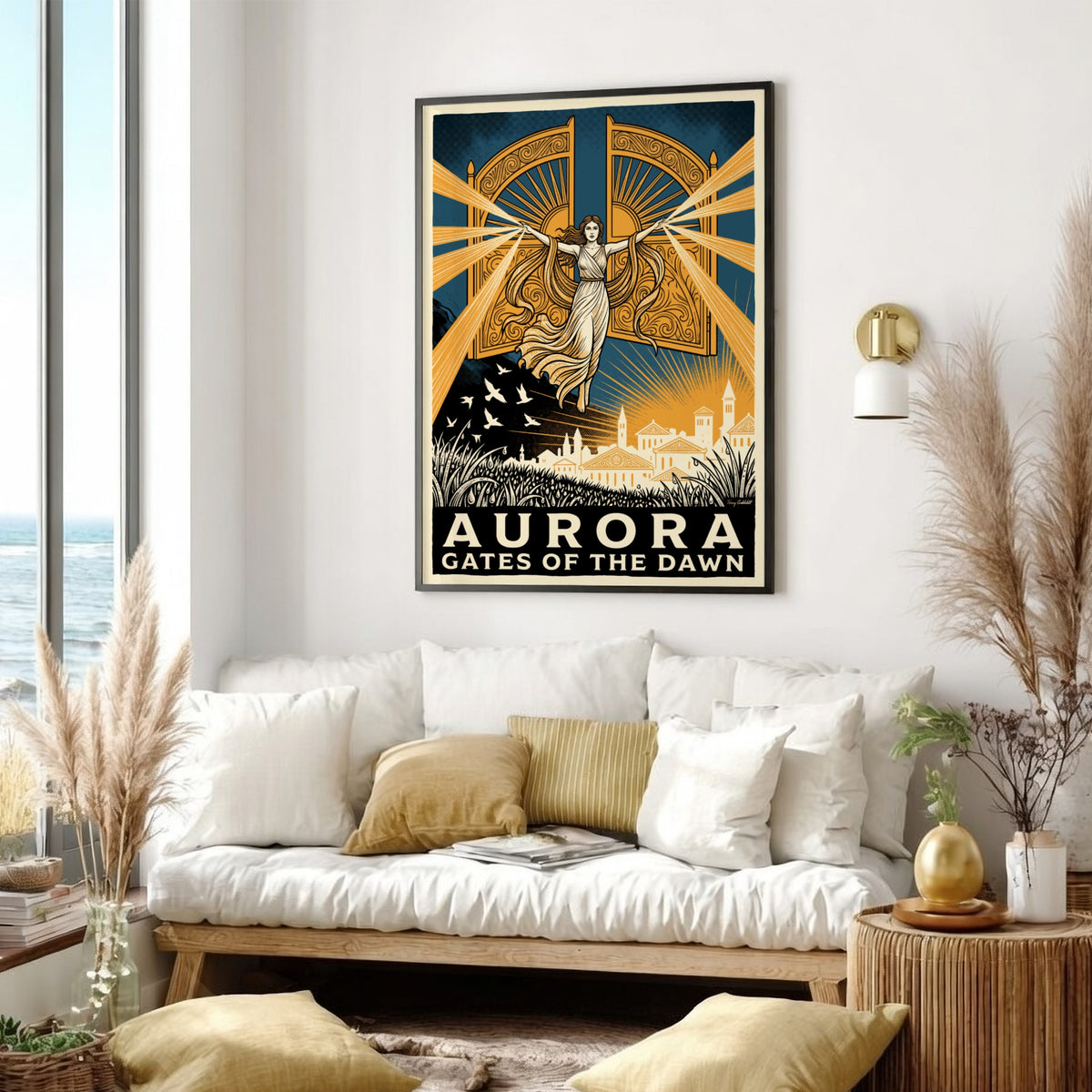 Poster featuring a mythological goddess opening golden gates over a town at dawn