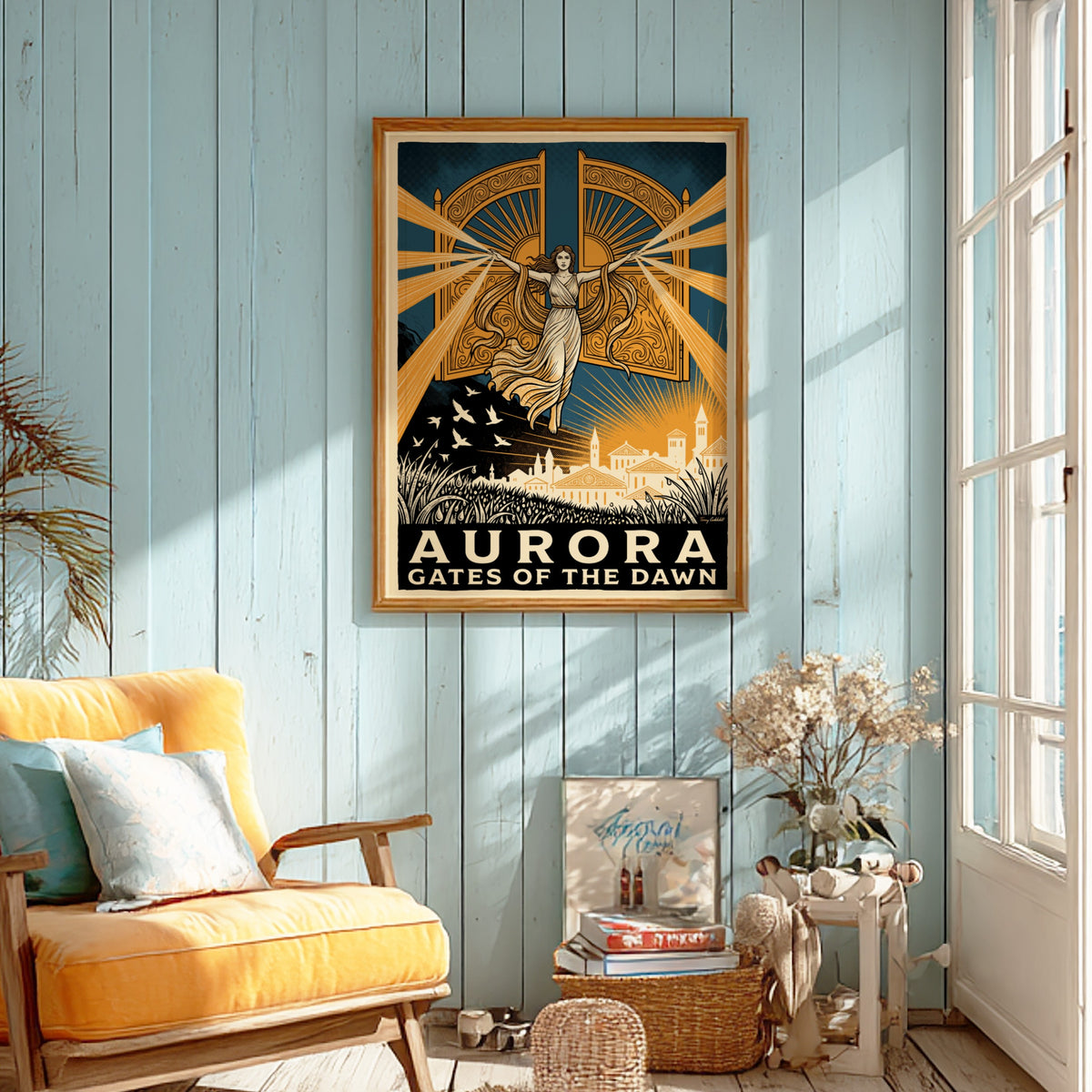 Poster featuring a mythological goddess opening golden gates over a town at dawn