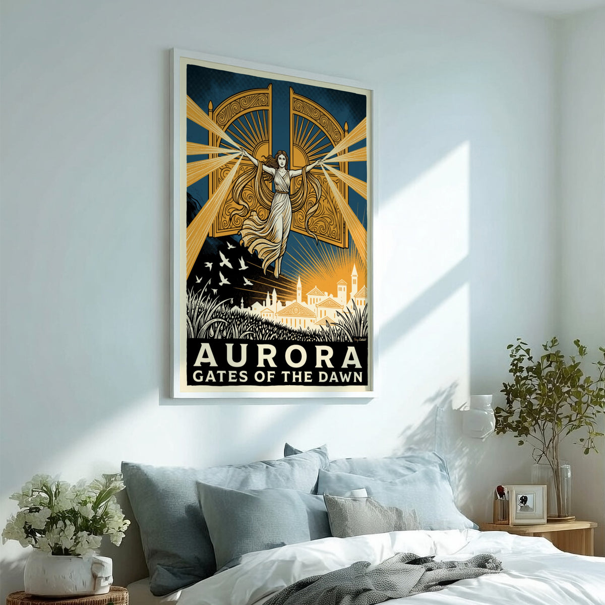 Poster featuring a mythological goddess opening golden gates over a town at dawn
