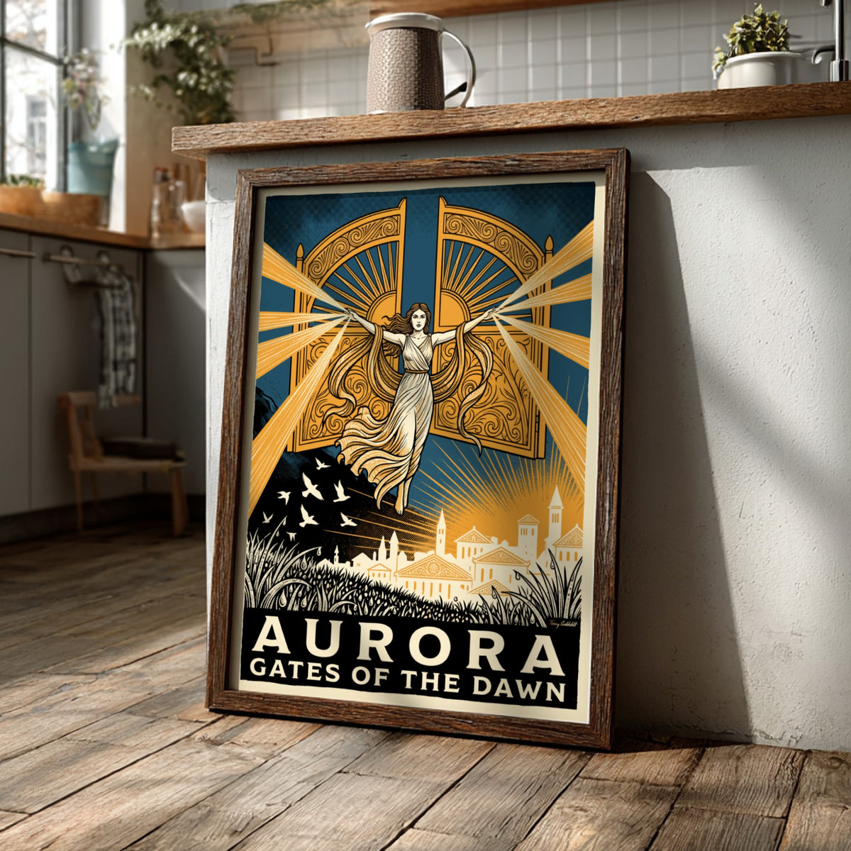 Poster featuring a mythological goddess opening golden gates over a town at dawn