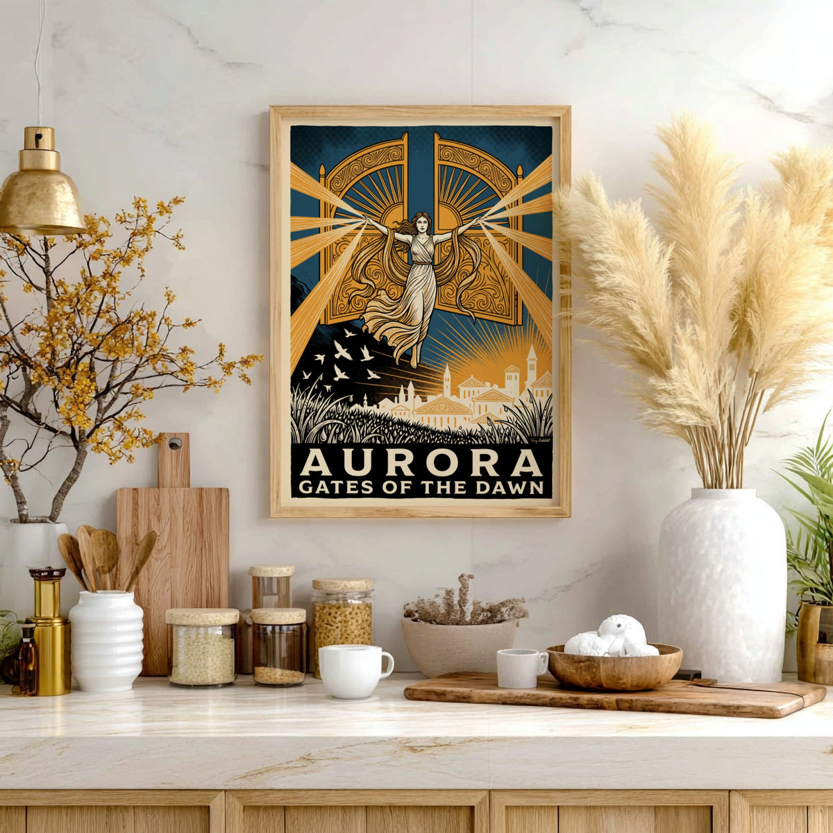 Poster featuring a mythological goddess opening golden gates over a town at dawn