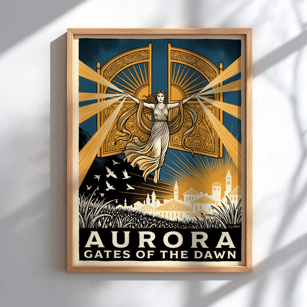 Poster featuring a mythological goddess opening golden gates over a town at dawn