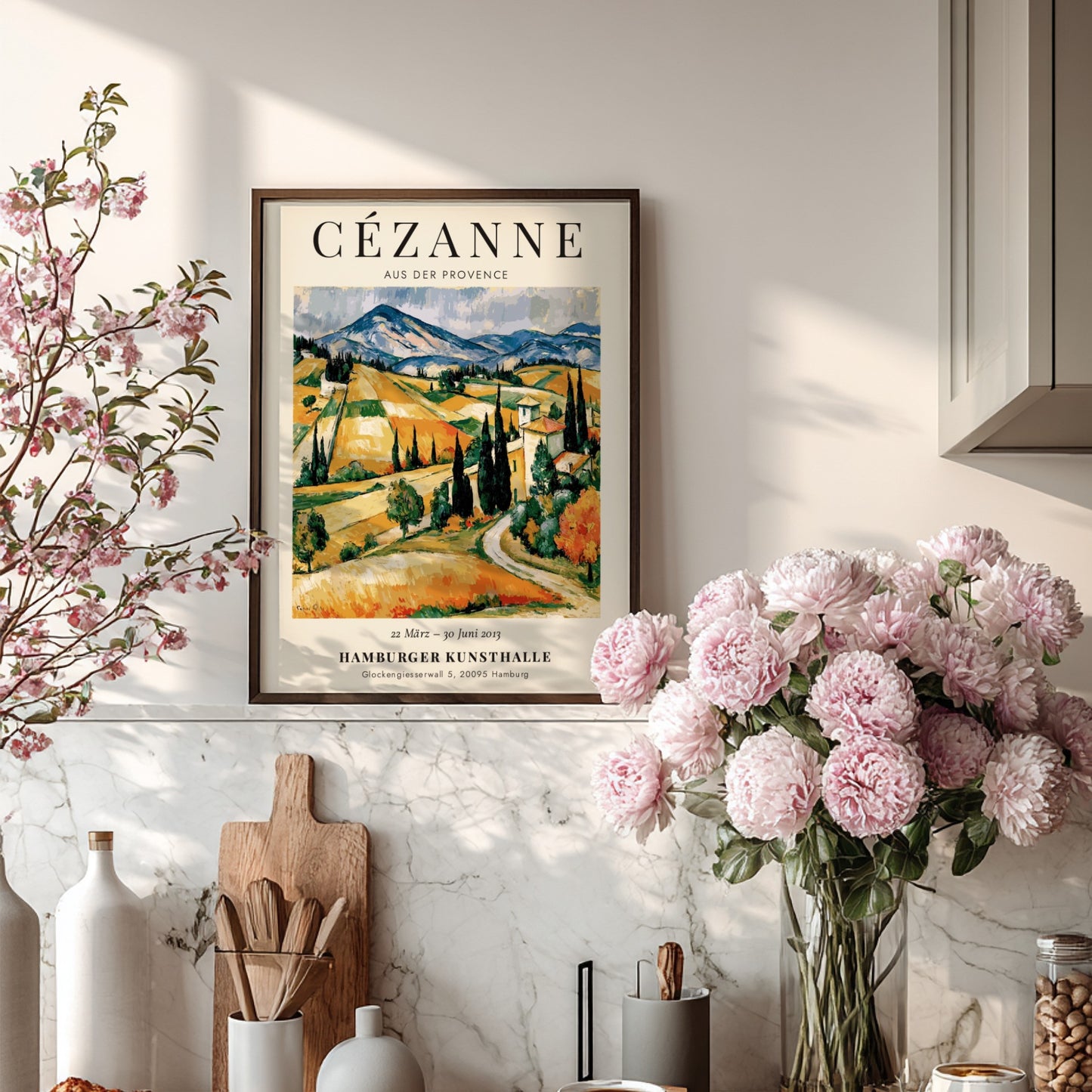 Cézanne Exhibition Poster featuring vibrant Provence landscape with rolling hills and rich colors