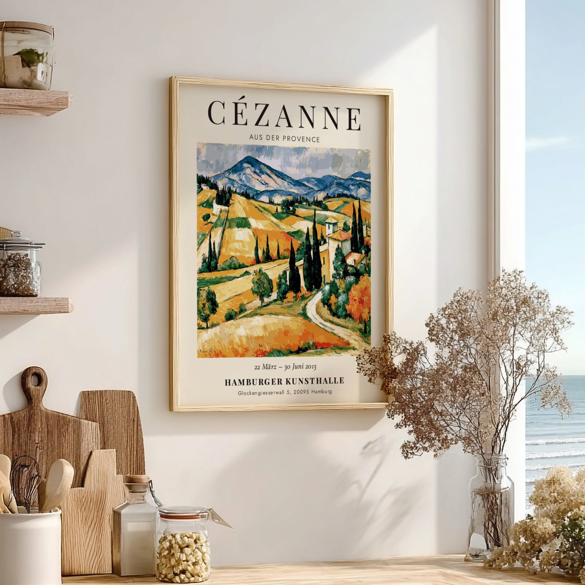 Cézanne Exhibition Poster featuring vibrant Provence landscape with rolling hills and rich colors