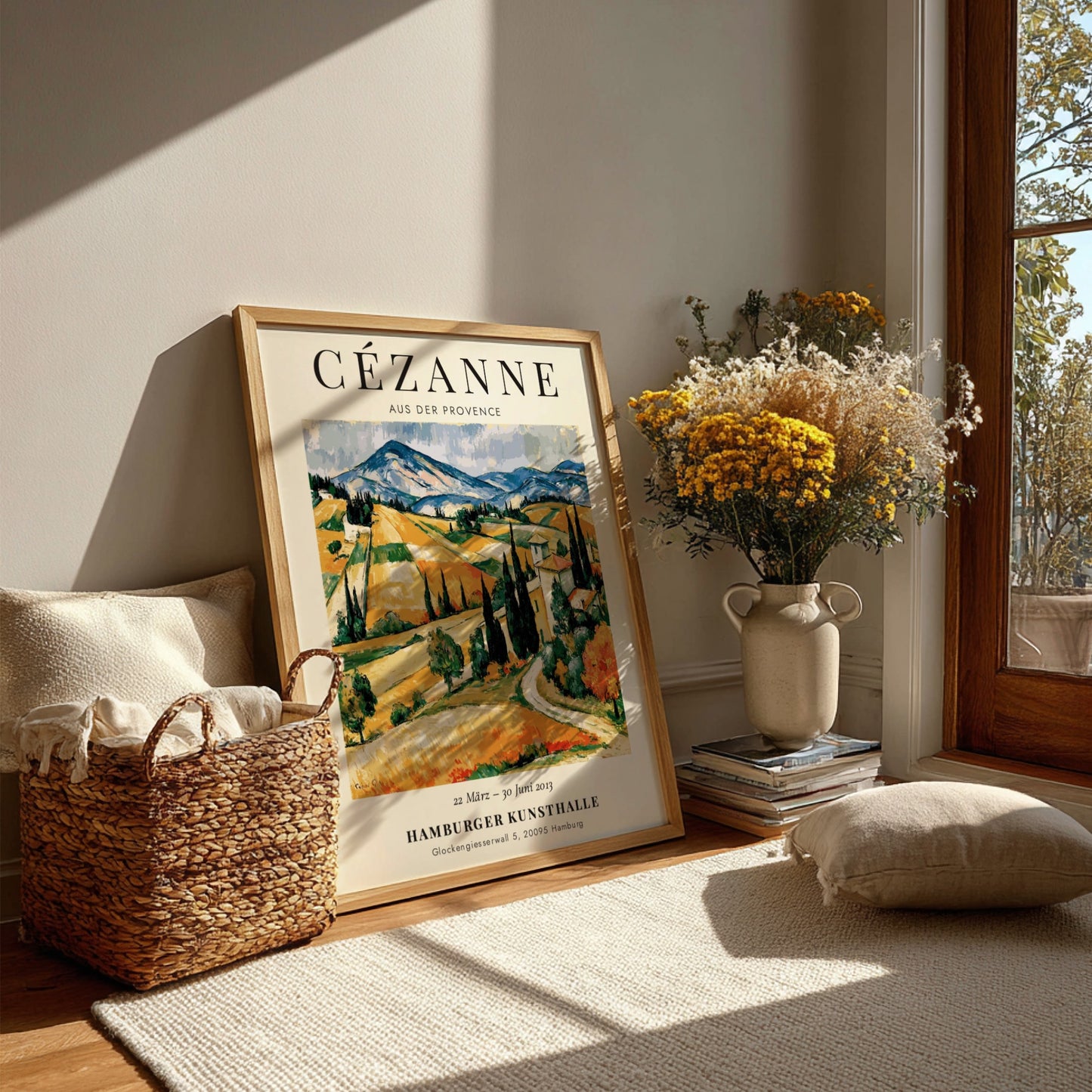 Cézanne Exhibition Poster featuring vibrant Provence landscape with rolling hills and rich colors