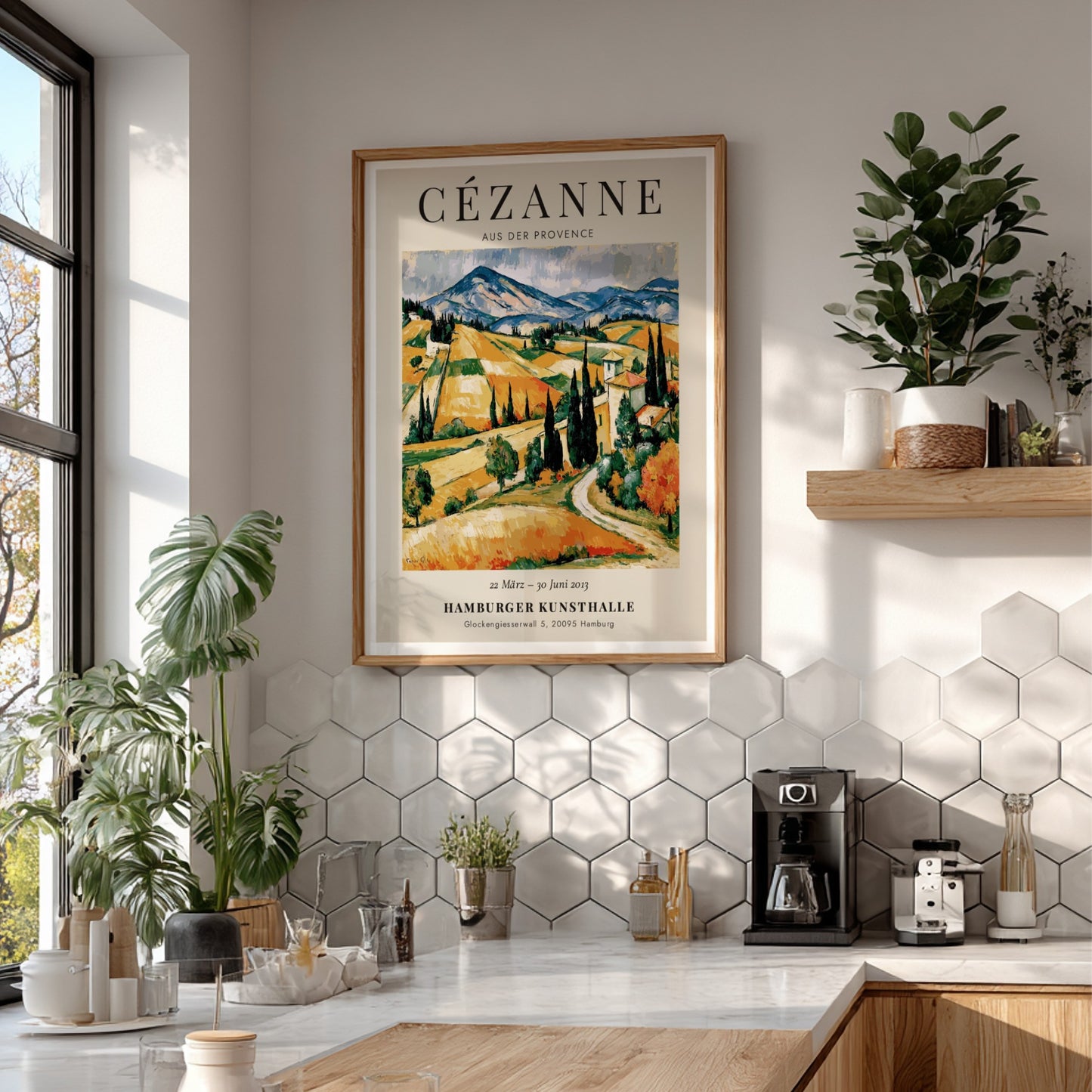 Cézanne Exhibition Poster featuring vibrant Provence landscape with rolling hills and rich colors