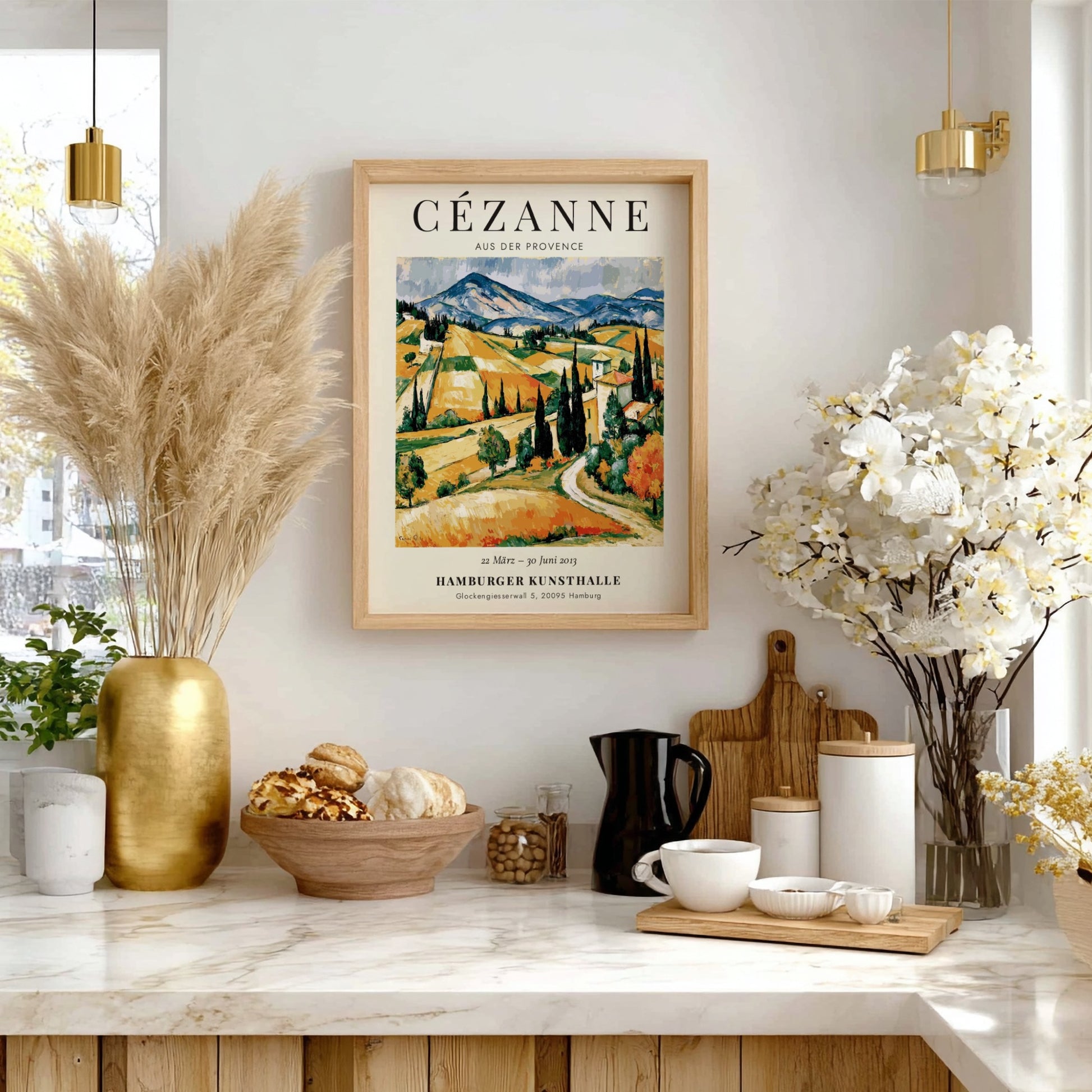 Cézanne Exhibition Poster featuring vibrant Provence landscape with rolling hills and rich colors