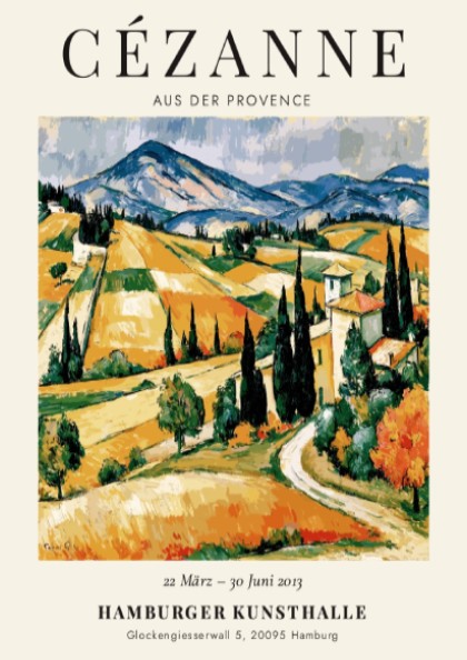 Cézanne Exhibition Poster featuring vibrant Provence landscape with rolling hills and rich colors