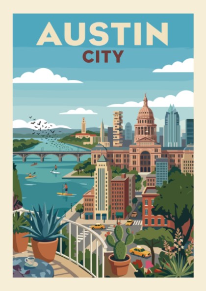 Retro Austin city skyline poster with river, capitol building, and potted plants.