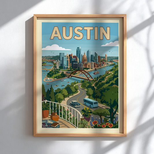 Retro Austin skyline poster with cityscape, river, and green hills in a vintage style.