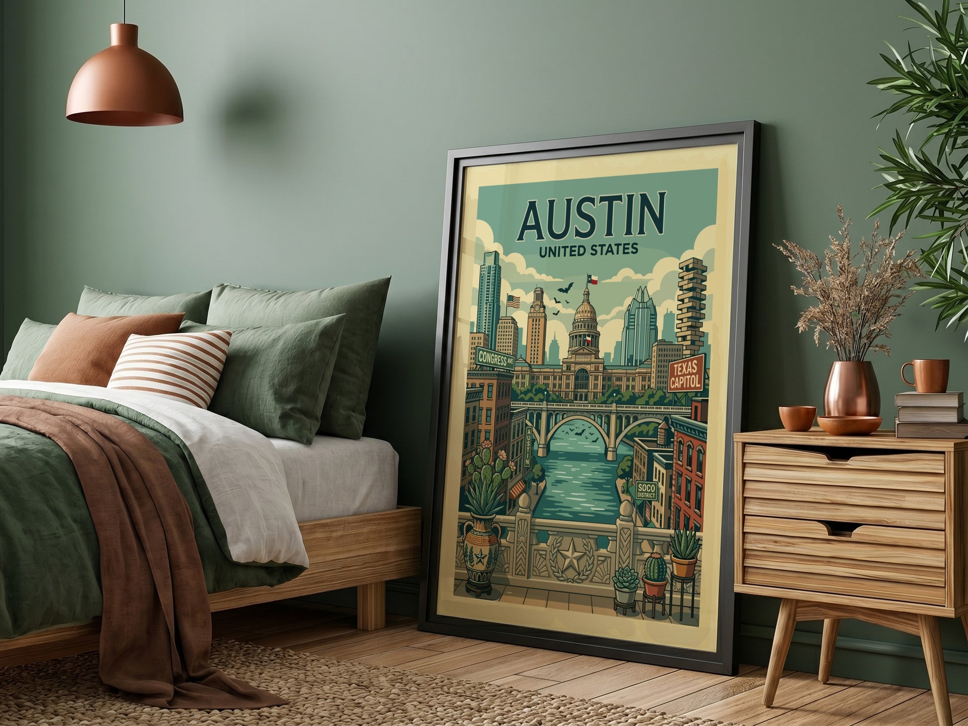 Retro Austin travel poster featuring the Texas State Capitol and cityscape. Muted colors, charming