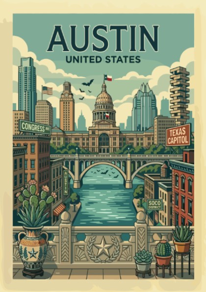 Retro Austin travel poster featuring the Texas State Capitol and cityscape. Muted colors, charming