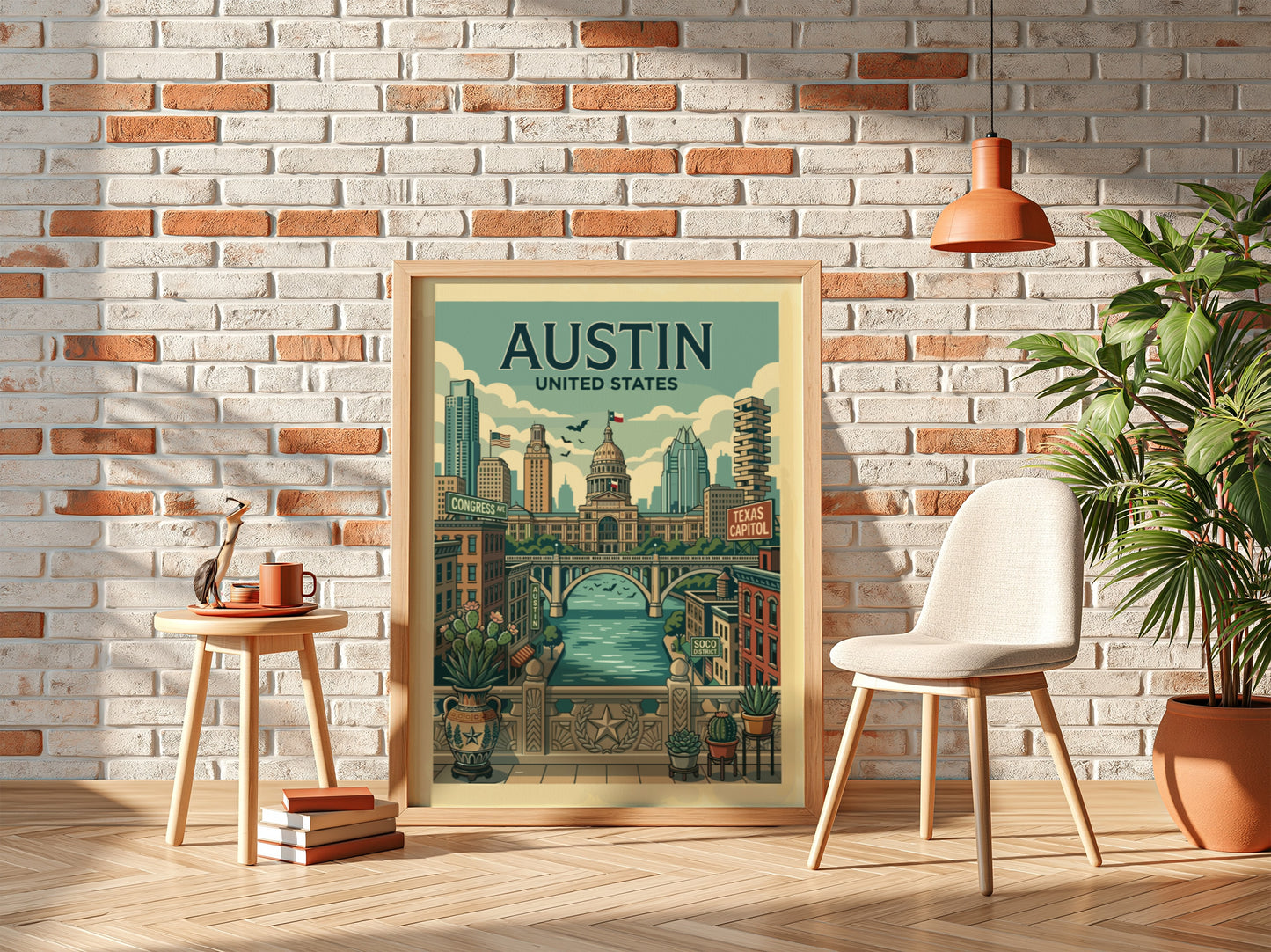 Retro Austin travel poster featuring the Texas State Capitol and cityscape. Muted colors, charming