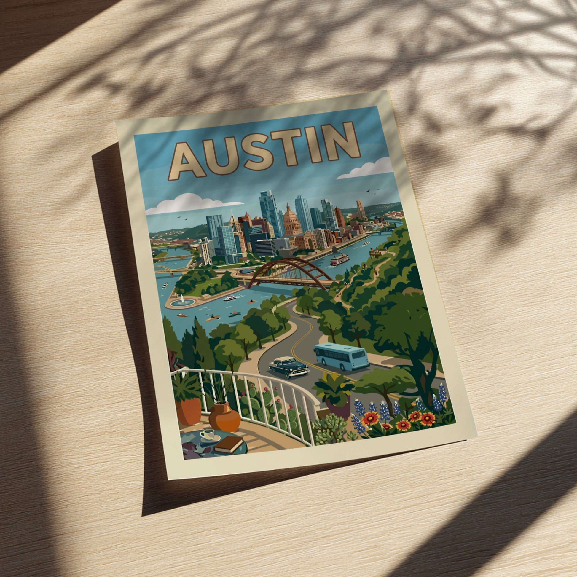 Retro Austin skyline poster with cityscape, river, and green hills in a vintage style.