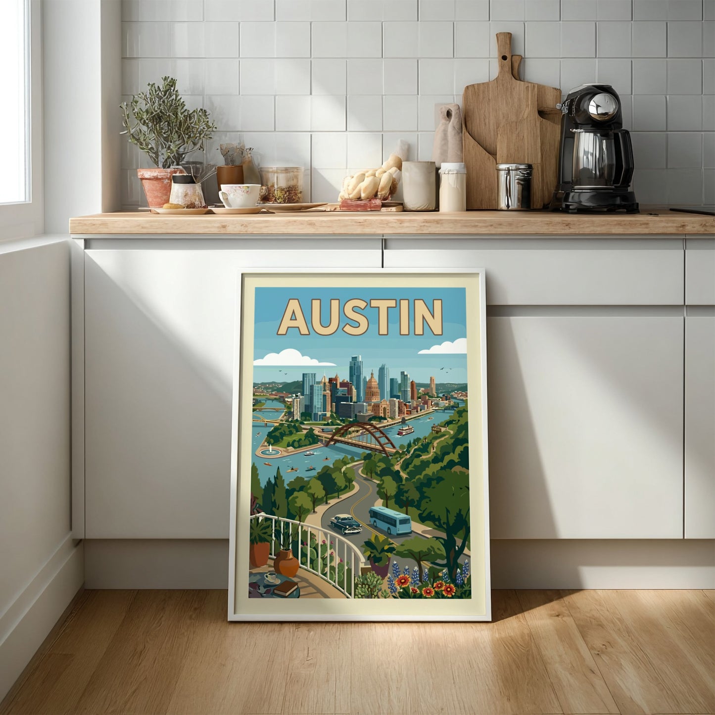 Retro Austin skyline poster with cityscape, river, and green hills in a vintage style.