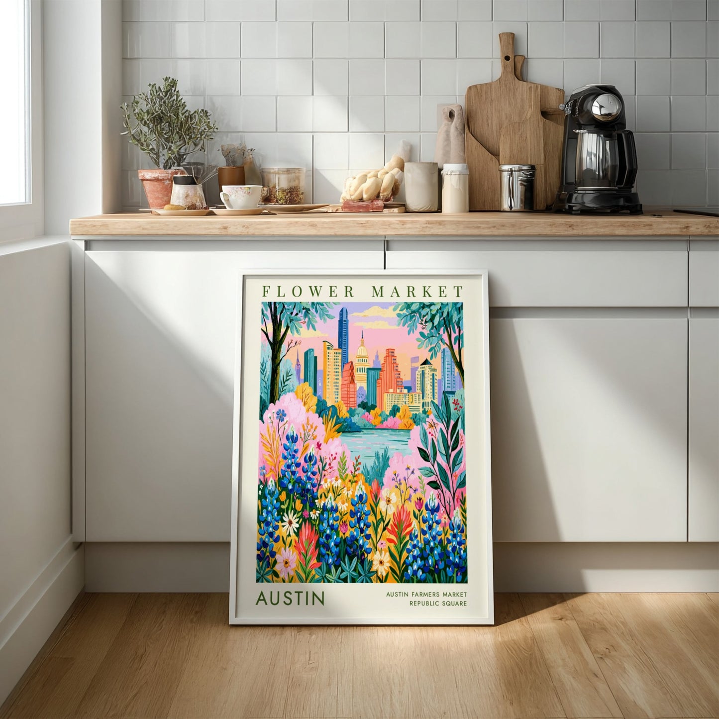 Flower market poster featuring Austin skyline with colorful wildflowers