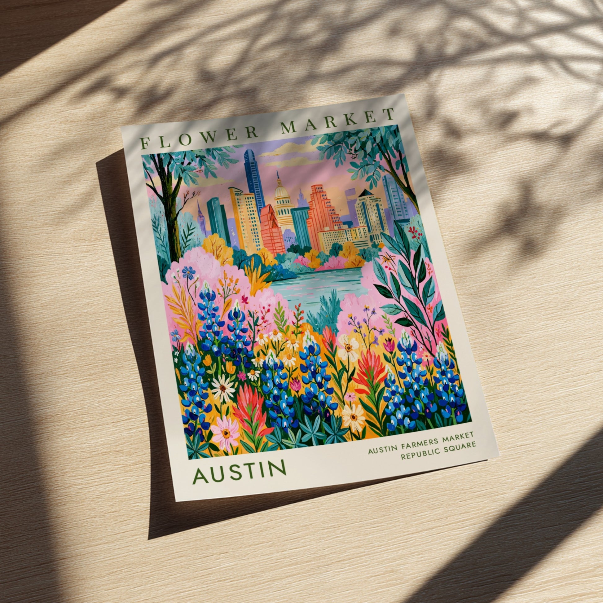 Flower market poster featuring Austin skyline with colorful wildflowers