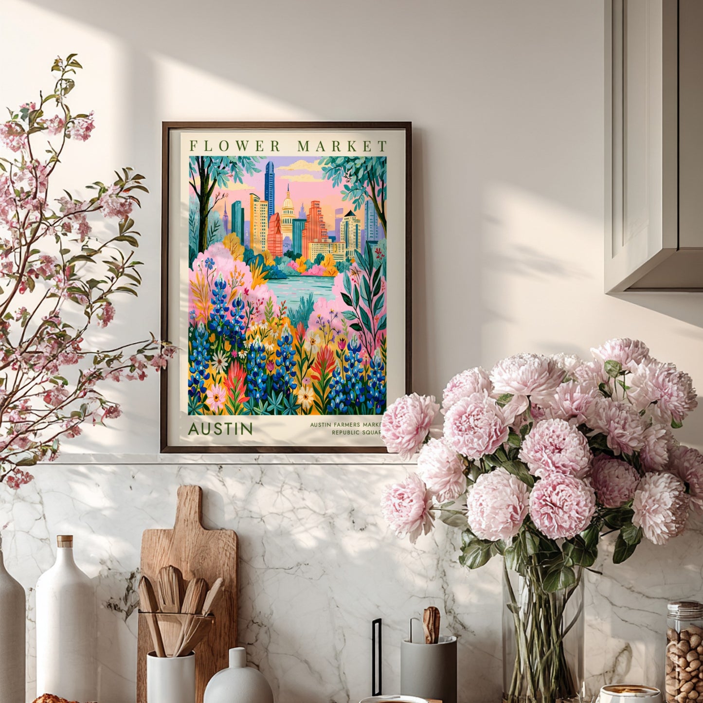 Flower market poster featuring Austin skyline with colorful wildflowers