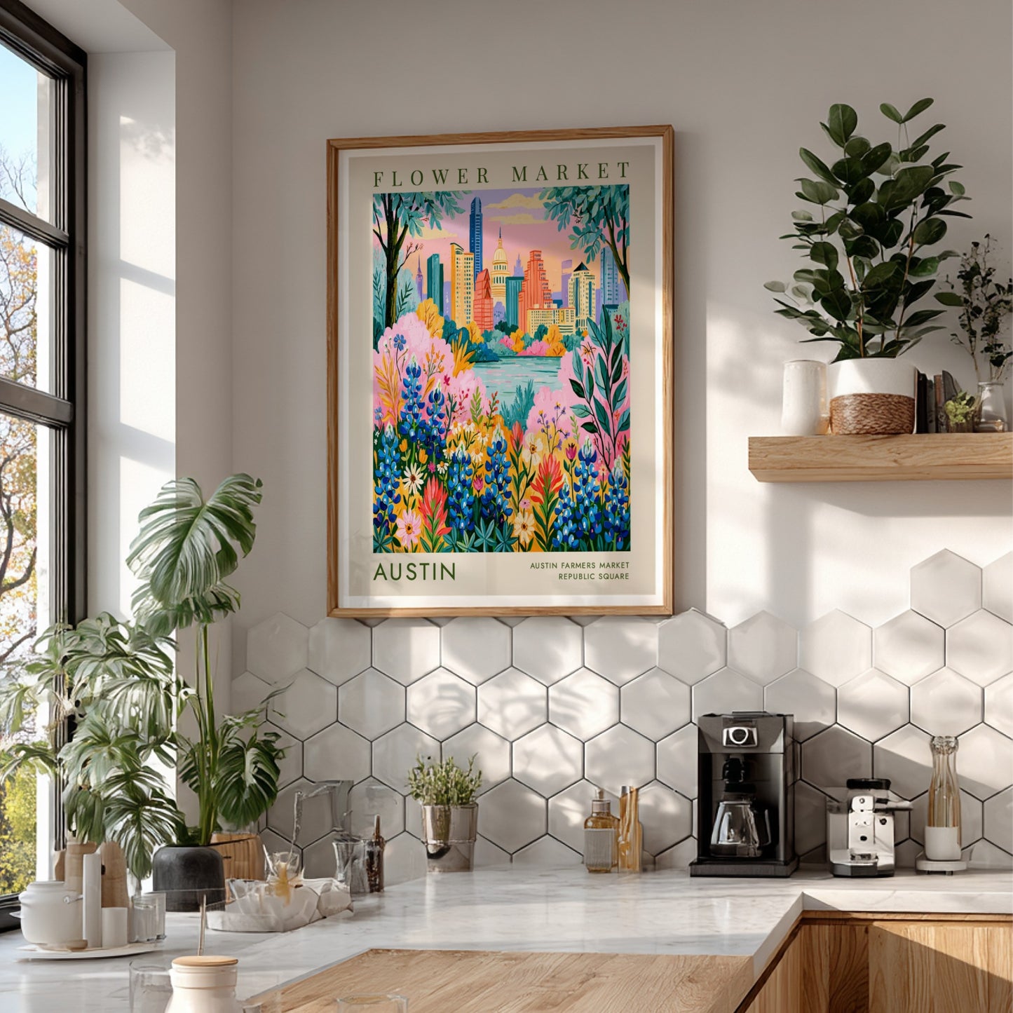 Flower market poster featuring Austin skyline with colorful wildflowers