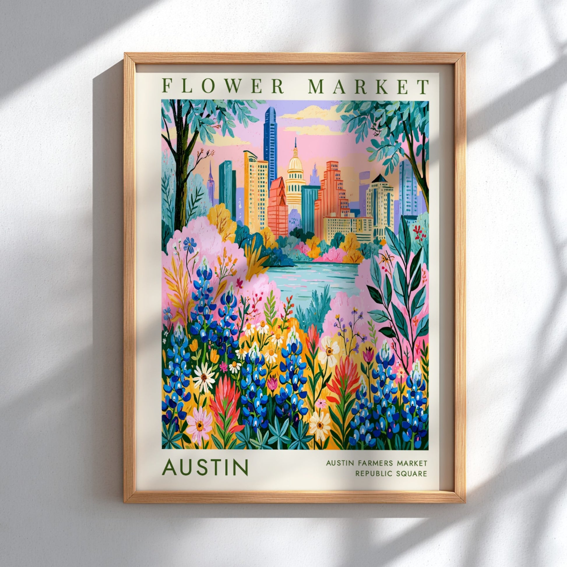 Flower market poster featuring Austin skyline with colorful wildflowers