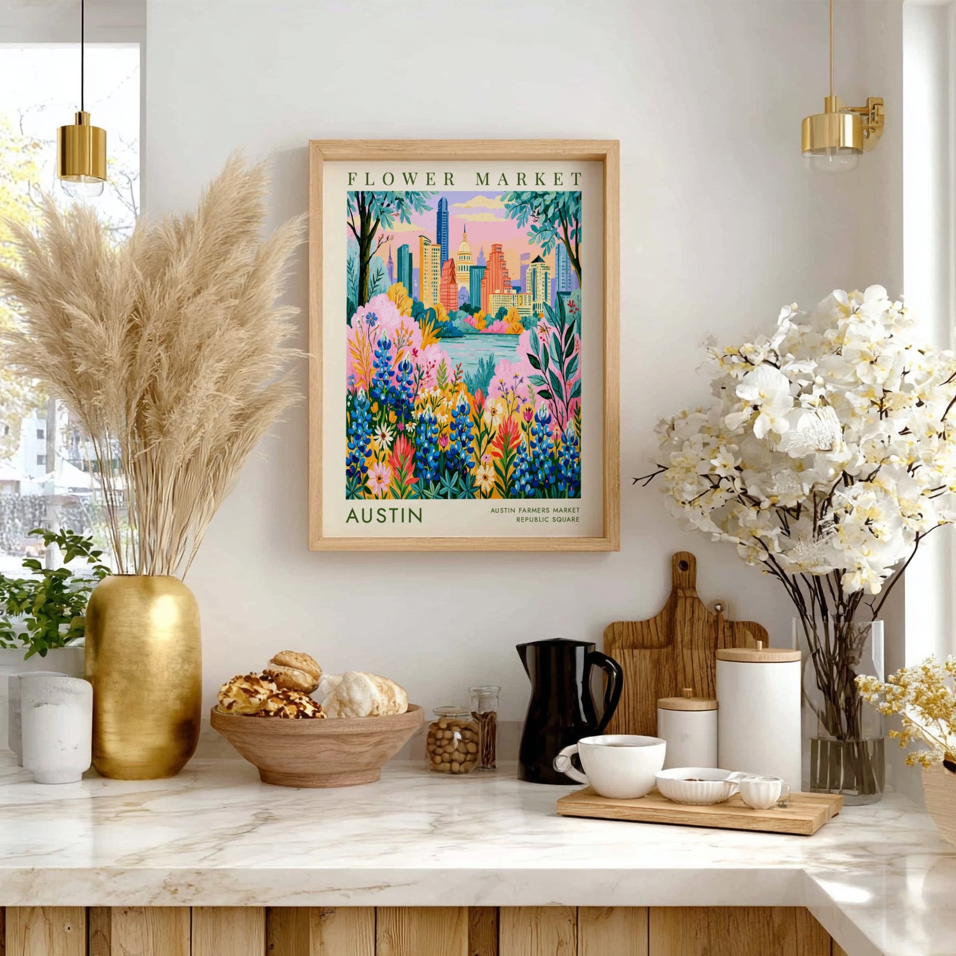 Flower market poster featuring Austin skyline with colorful wildflowers