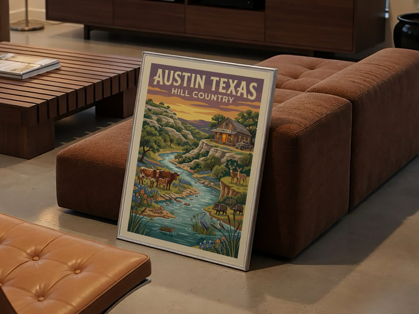Travel poster of Austin Texas Hill Country with longhorn cattle and native wildlife.