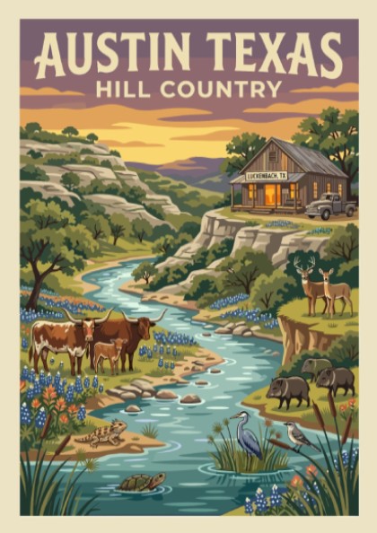 Travel poster of Austin Texas Hill Country with longhorn cattle and native wildlife.