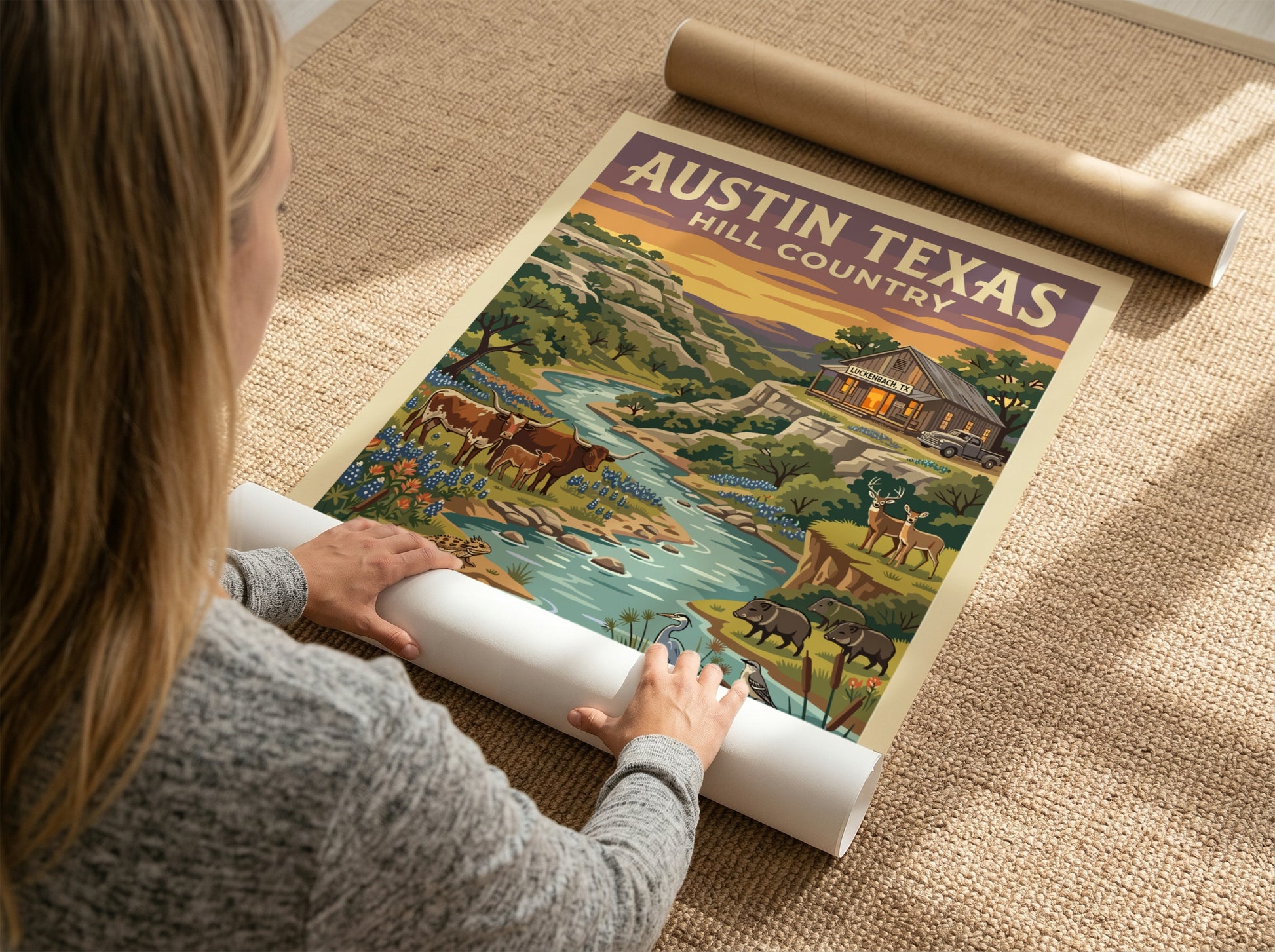 Travel poster of Austin Texas Hill Country with longhorn cattle and native wildlife.