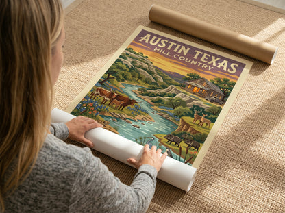 Travel poster of Austin Texas Hill Country with longhorn cattle and native wildlife.