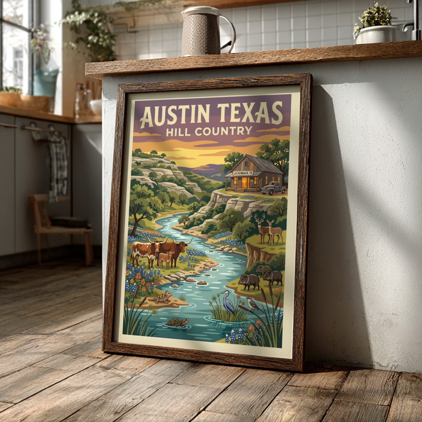 Travel poster of Austin Texas Hill Country with longhorn cattle and native wildlife.