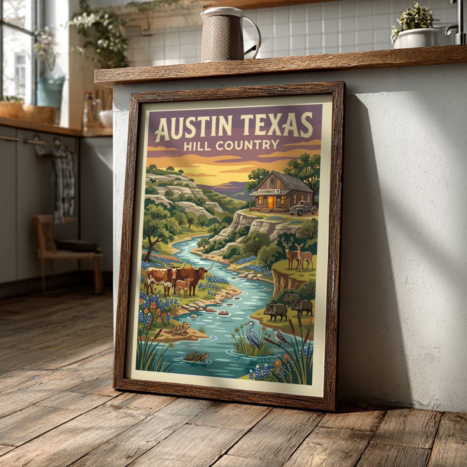 Travel poster of Austin Texas Hill Country with longhorn cattle and native wildlife.