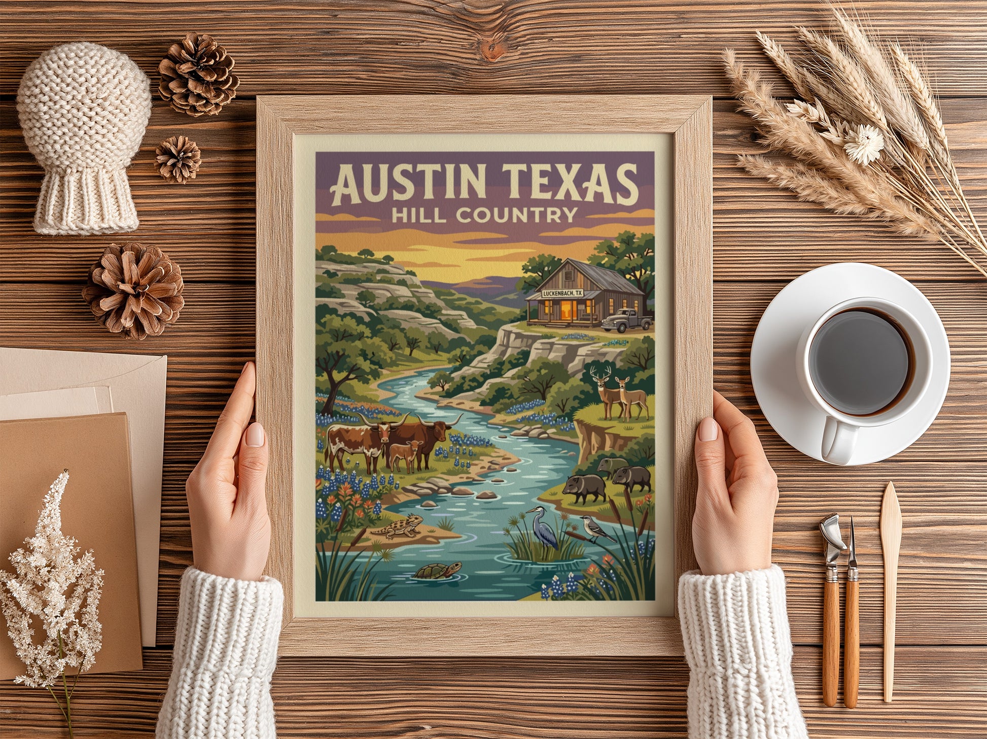 Travel poster of Austin Texas Hill Country with longhorn cattle and native wildlife.
