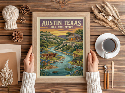 Travel poster of Austin Texas Hill Country with longhorn cattle and native wildlife.