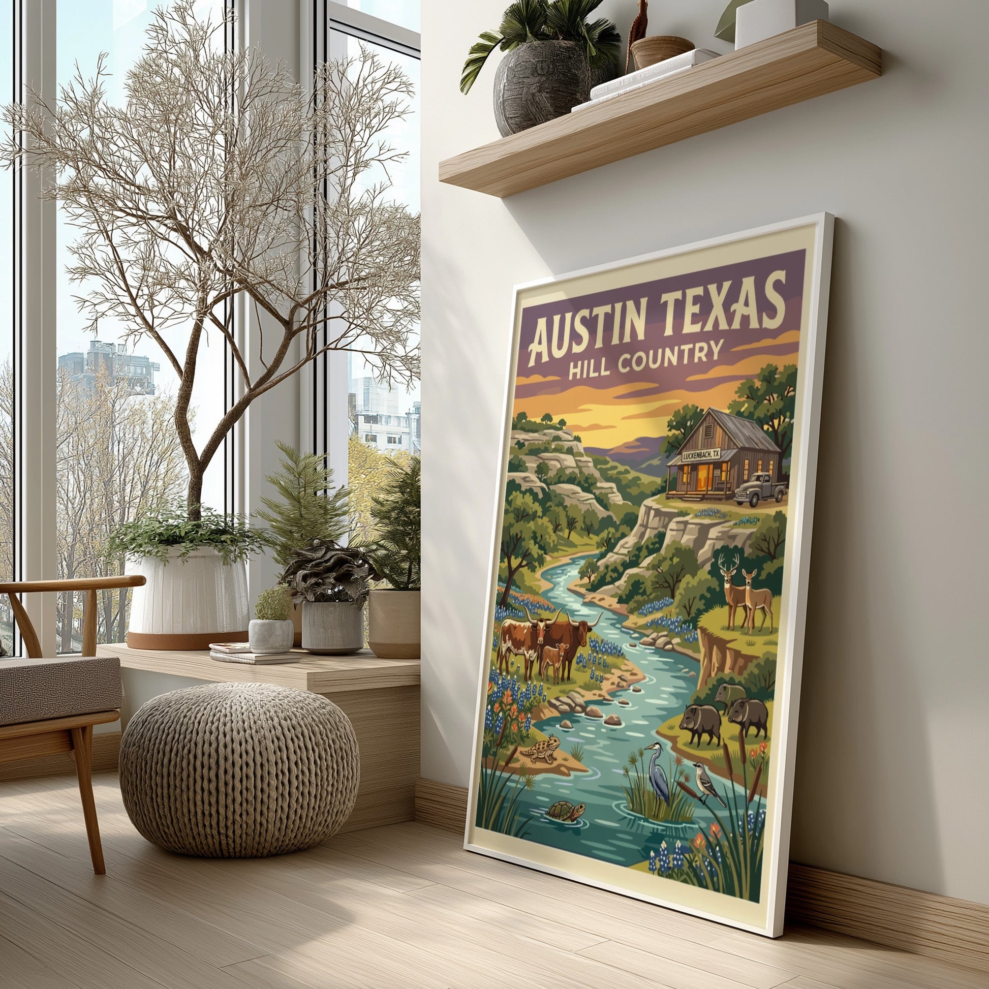 Travel poster of Austin Texas Hill Country with longhorn cattle and native wildlife.
