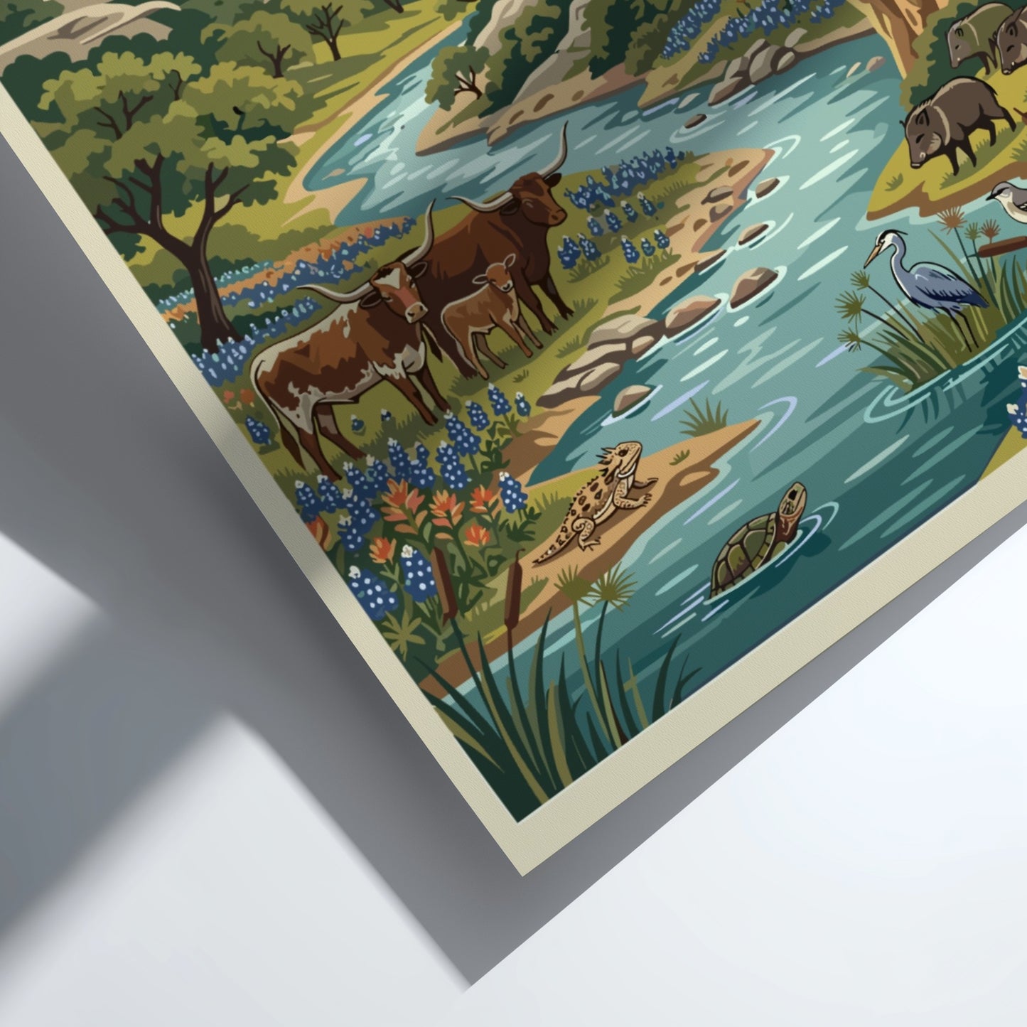 Travel poster of Austin Texas Hill Country with longhorn cattle and native wildlife.