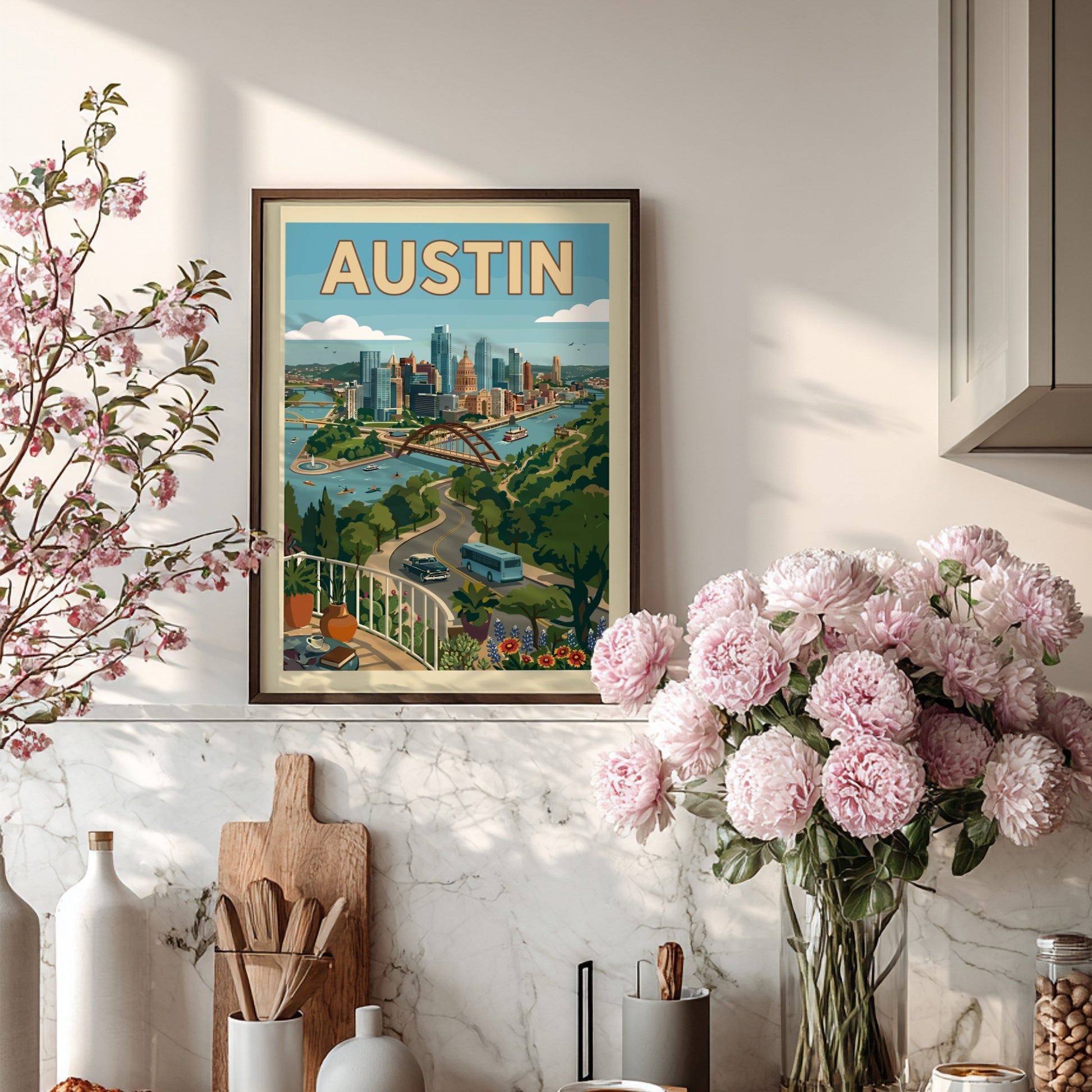 Retro Austin skyline poster with cityscape, river, and green hills in a vintage style.