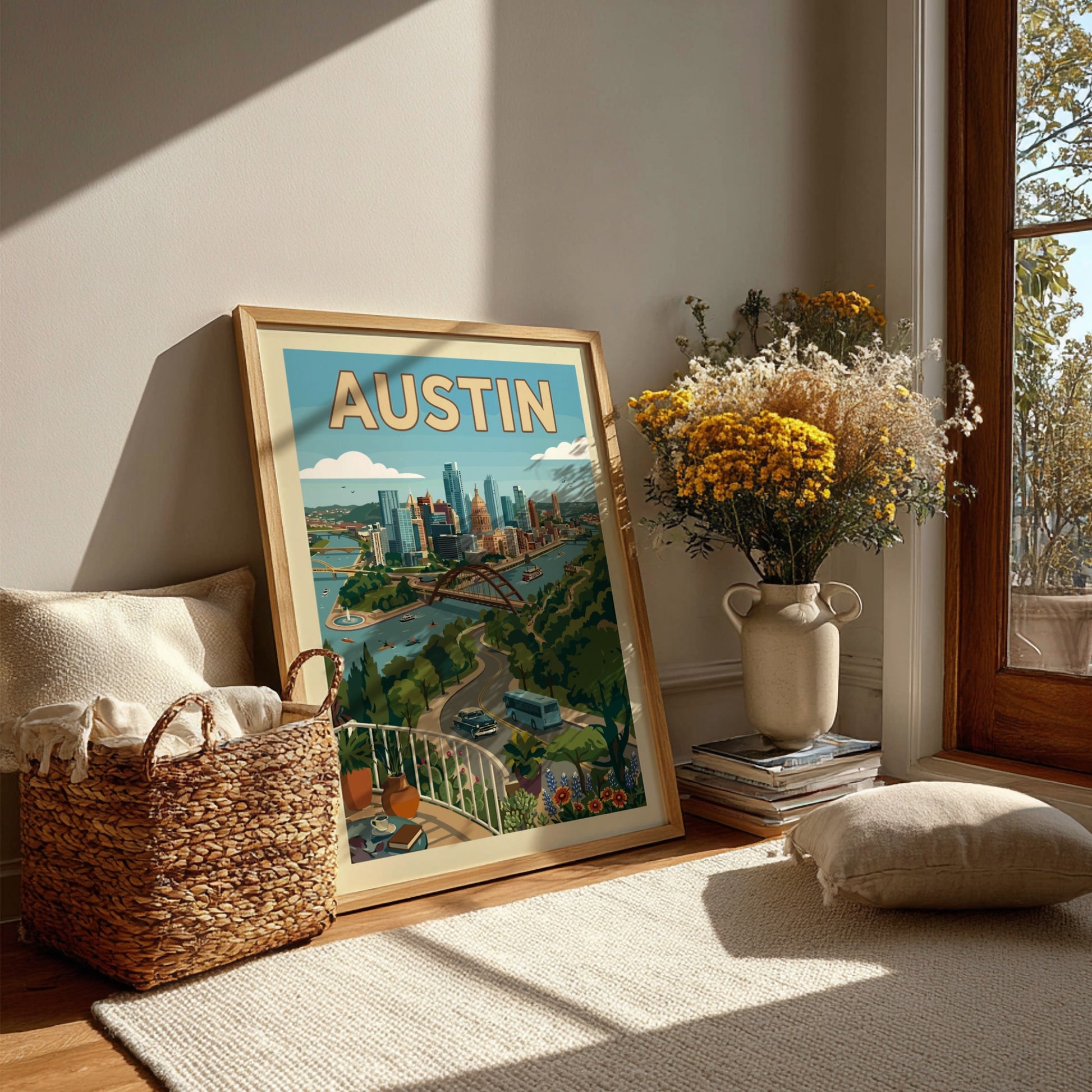 Retro Austin skyline poster with cityscape, river, and green hills in a vintage style.