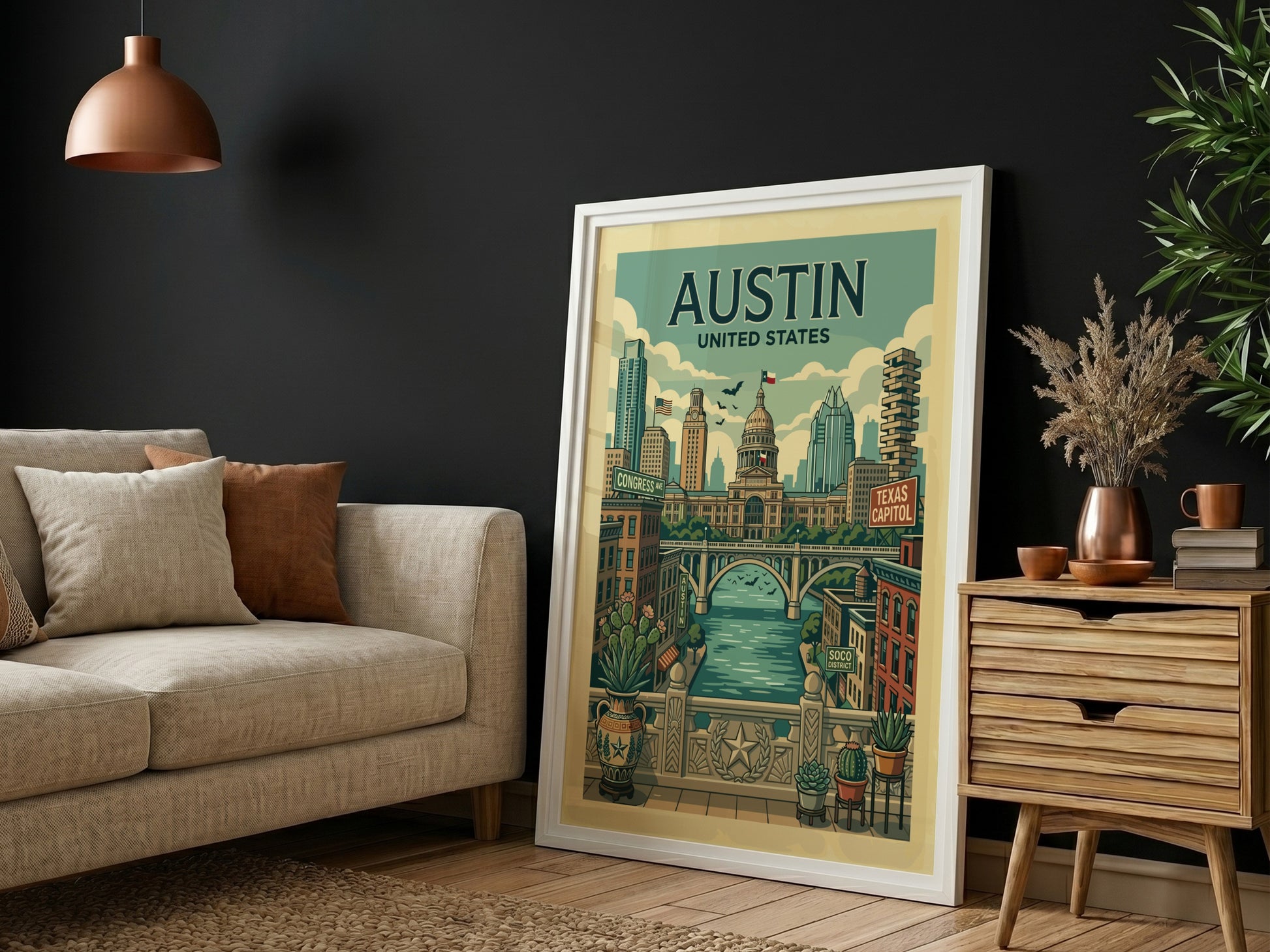 Retro Austin travel poster featuring the Texas State Capitol and cityscape. Muted colors, charming