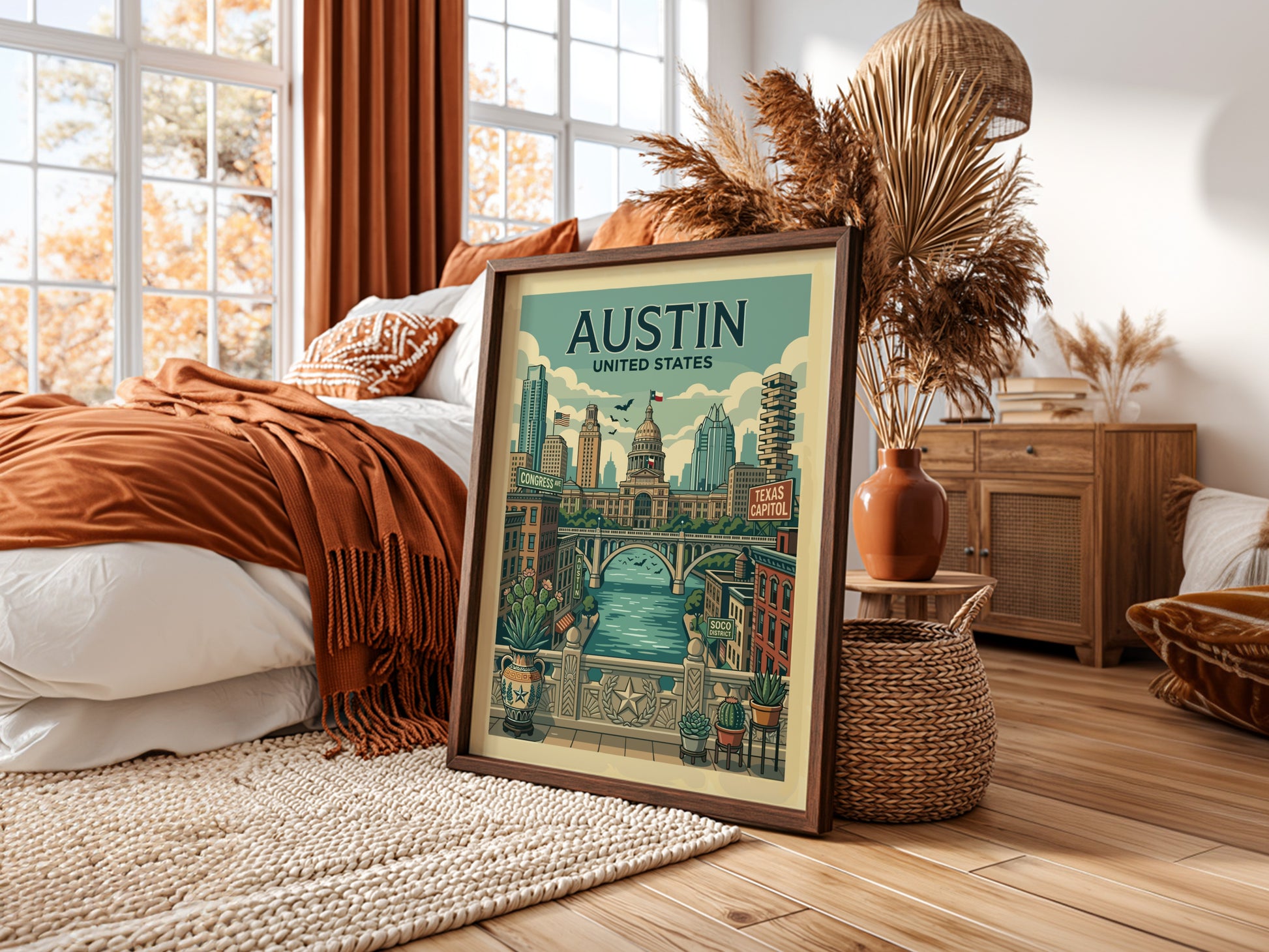 Retro Austin travel poster featuring the Texas State Capitol and cityscape. Muted colors, charming