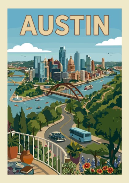Retro Austin skyline poster with cityscape, river, and green hills in a vintage style.
