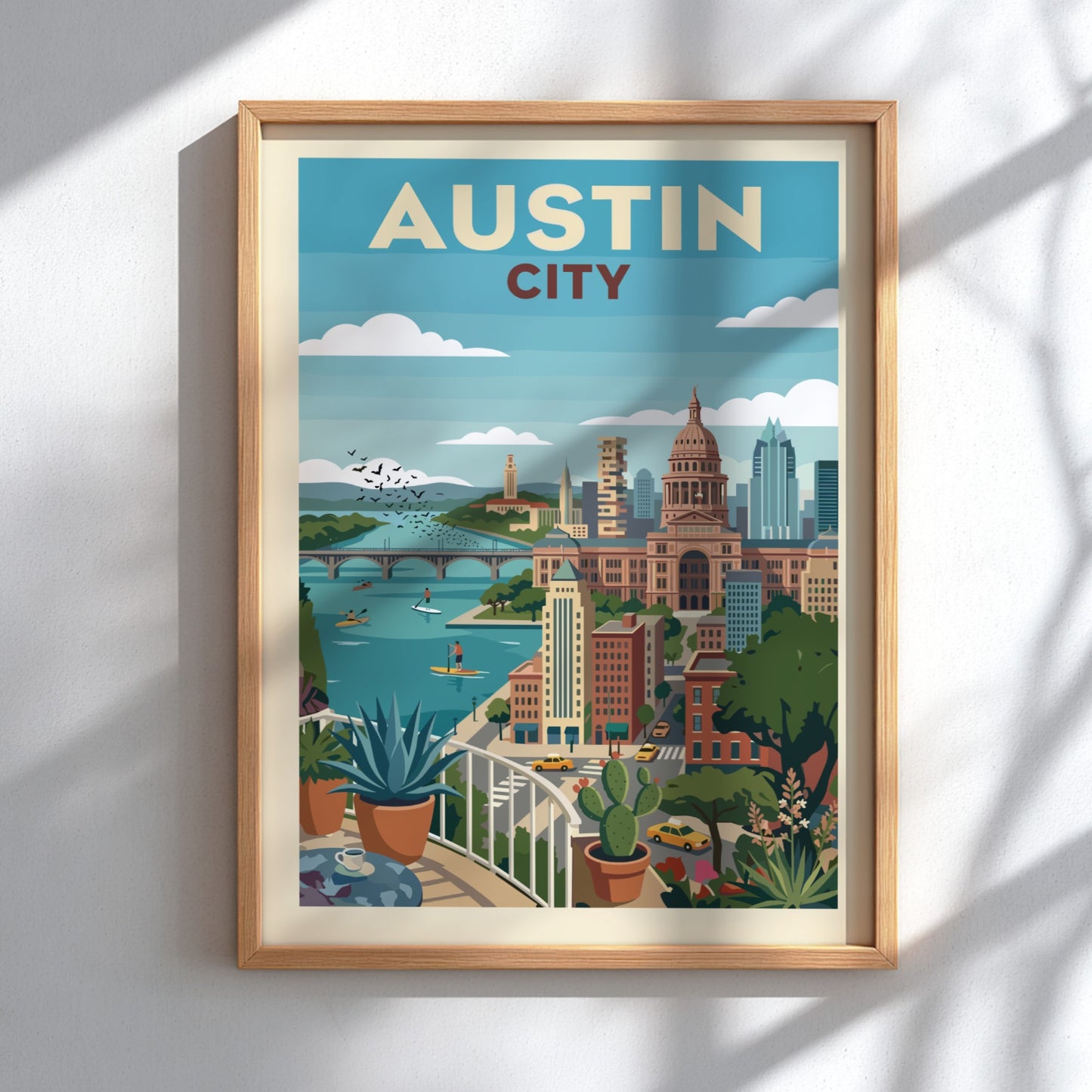 Retro Austin city skyline poster with river, capitol building, and potted plants.