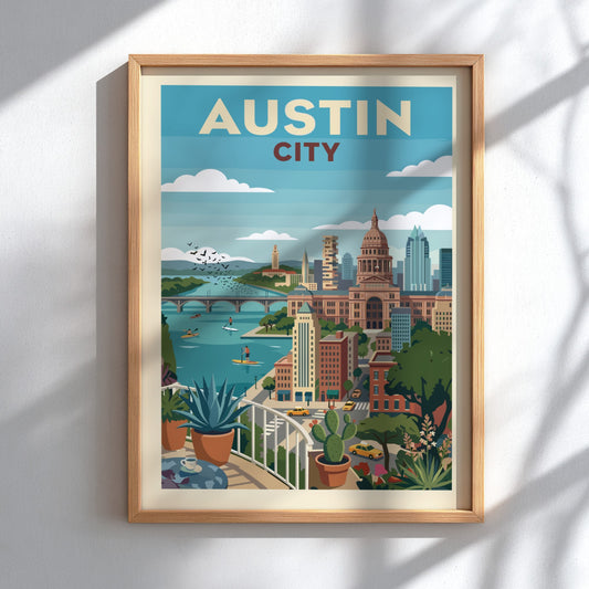 Retro Austin city skyline poster with river, capitol building, and potted plants.