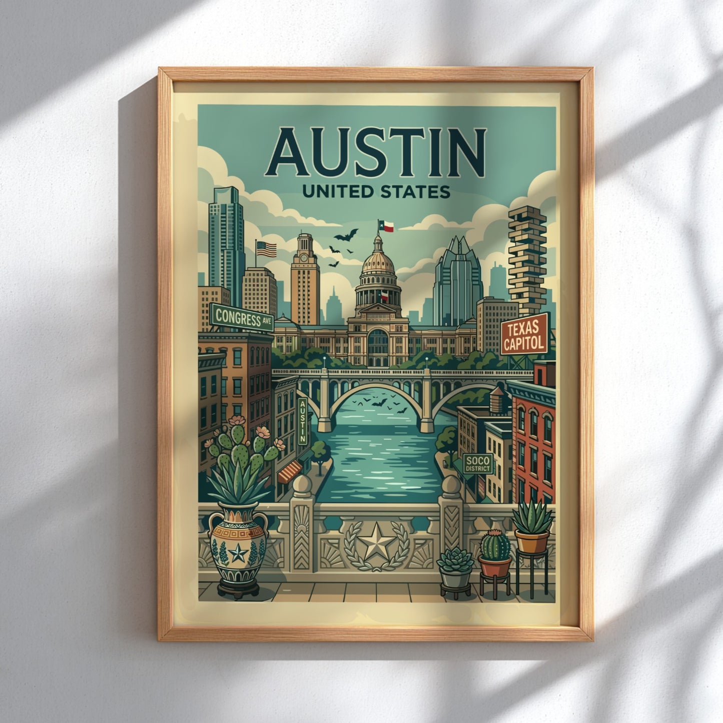 Retro Austin travel poster featuring the Texas State Capitol and cityscape. Muted colors, charming