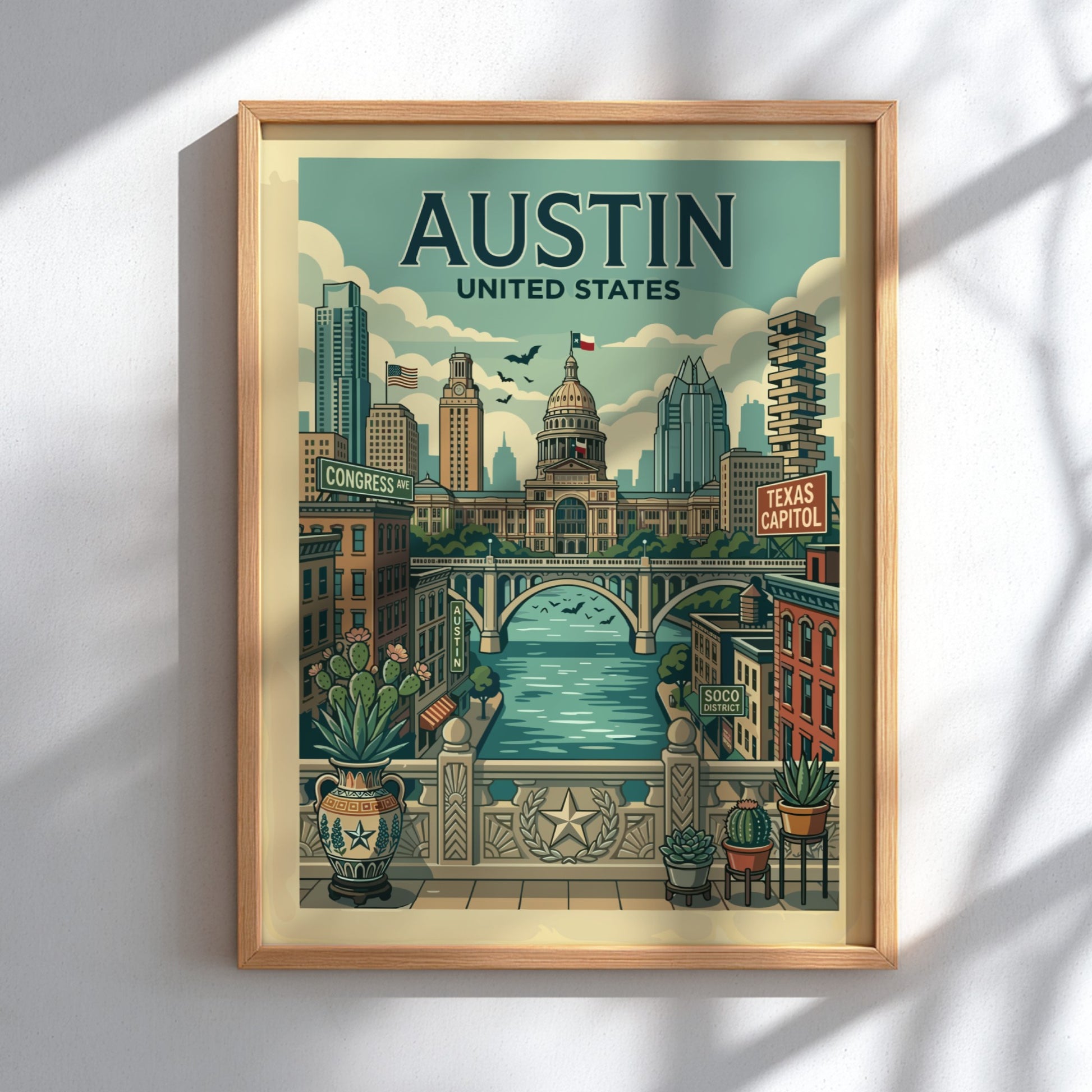 Retro Austin travel poster featuring the Texas State Capitol and cityscape. Muted colors, charming