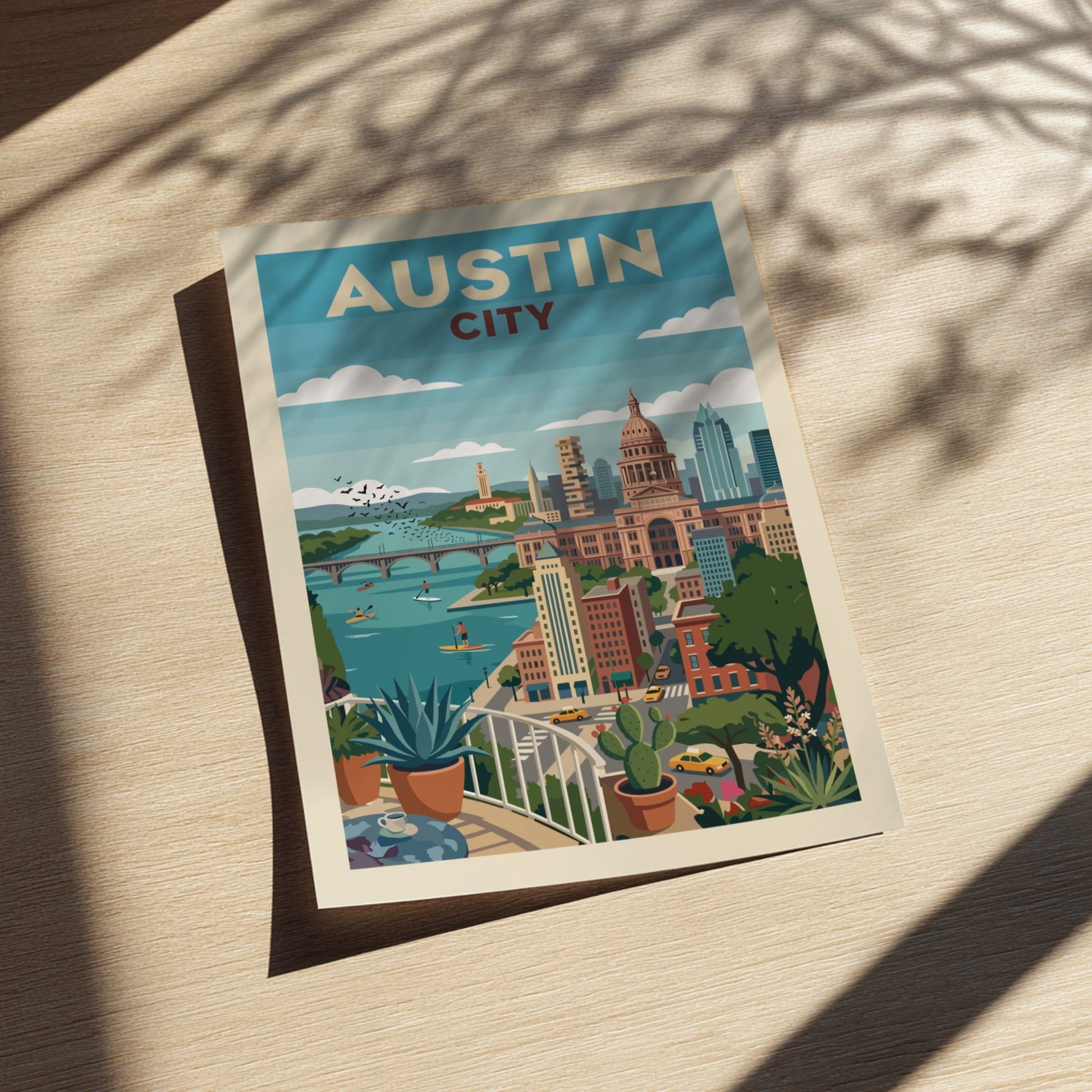 Retro Austin city skyline poster with river, capitol building, and potted plants.