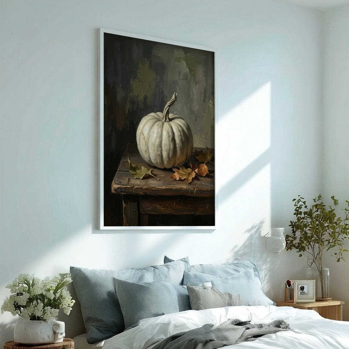 Poster featuring a white pumpkin on a wooden table with dried autumn leaves nearby