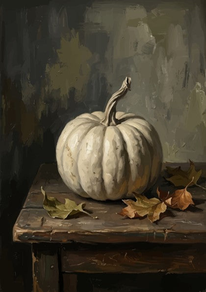 Poster featuring a white pumpkin on a wooden table with dried autumn leaves nearby