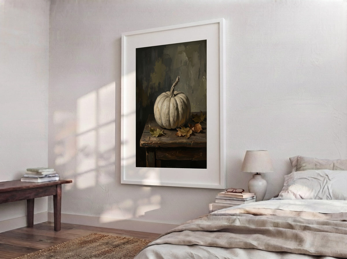 Poster featuring a white pumpkin on a wooden table with dried autumn leaves nearby