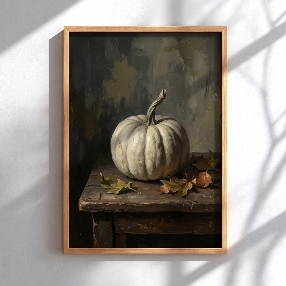 Poster featuring a white pumpkin on a wooden table with dried autumn leaves nearby