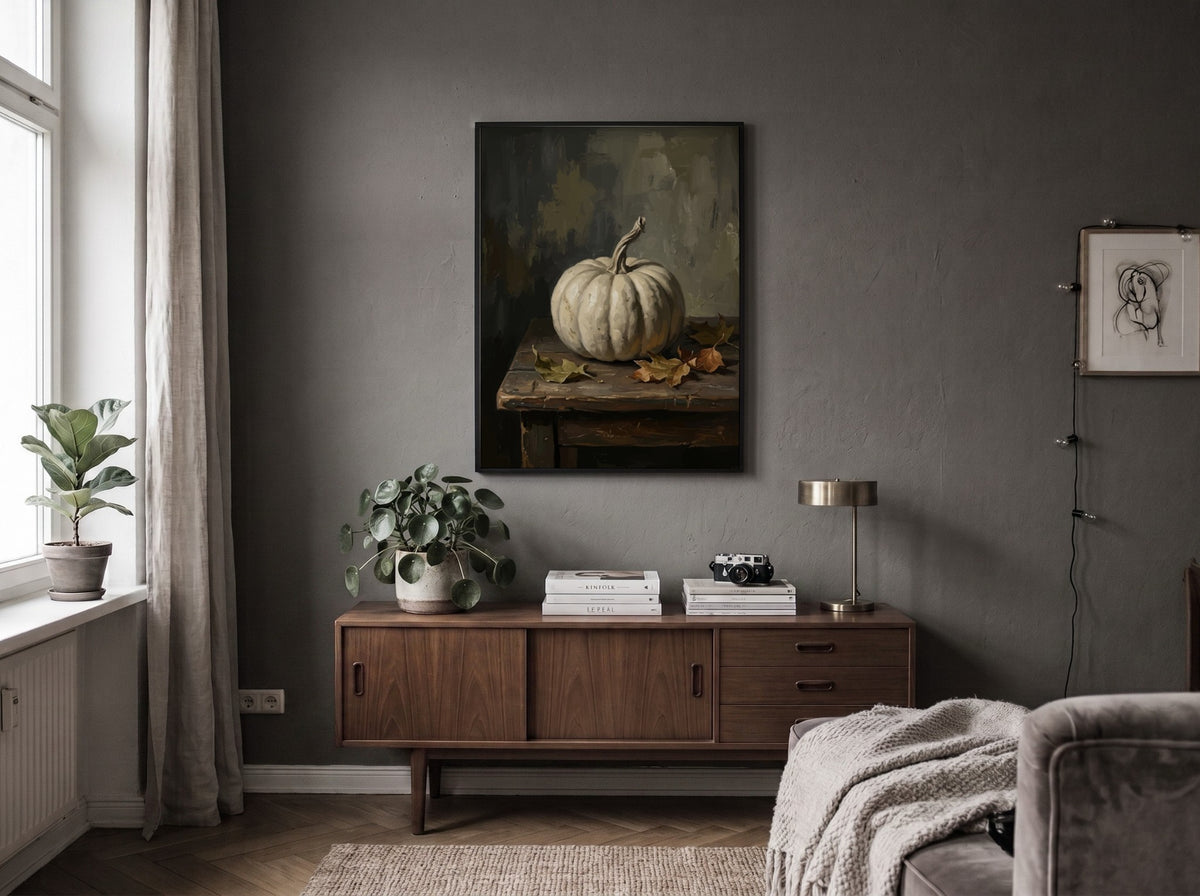 Poster featuring a white pumpkin on a wooden table with dried autumn leaves nearby